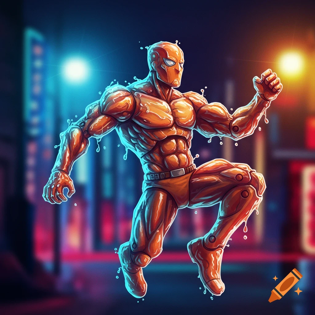 A stylized orange action figure jumping in a city.