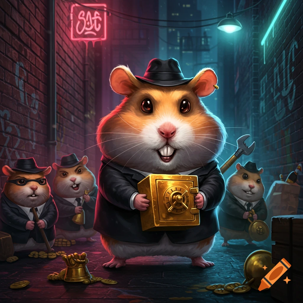 Several hamsters dressed in suits and hats are in a dark alley, one holding a gold safe.