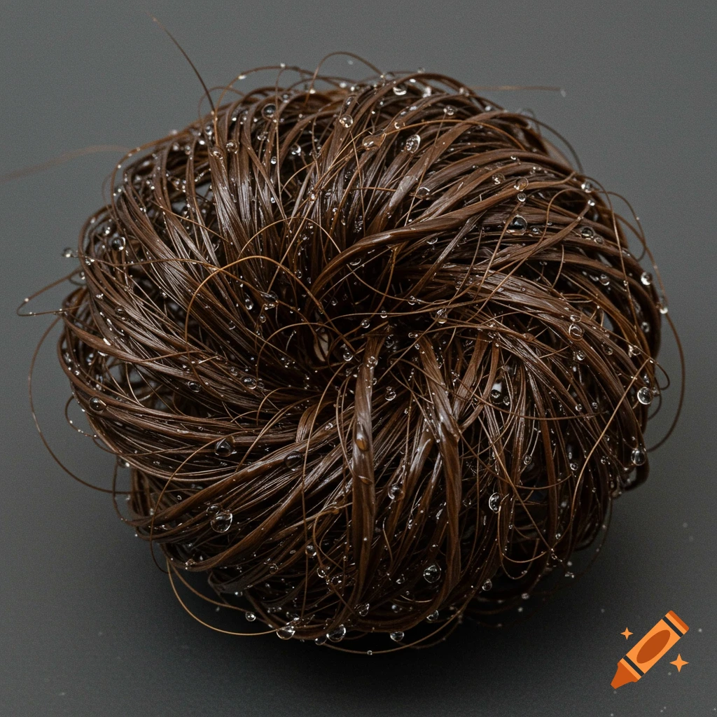 A close-up photo of a ball of wet brown hair covered in water droplets.