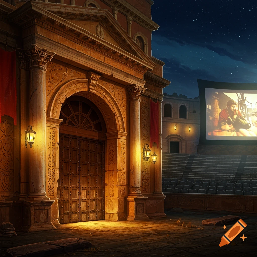 A Roman-style outdoor movie theater at night, showing a movie on a large screen.