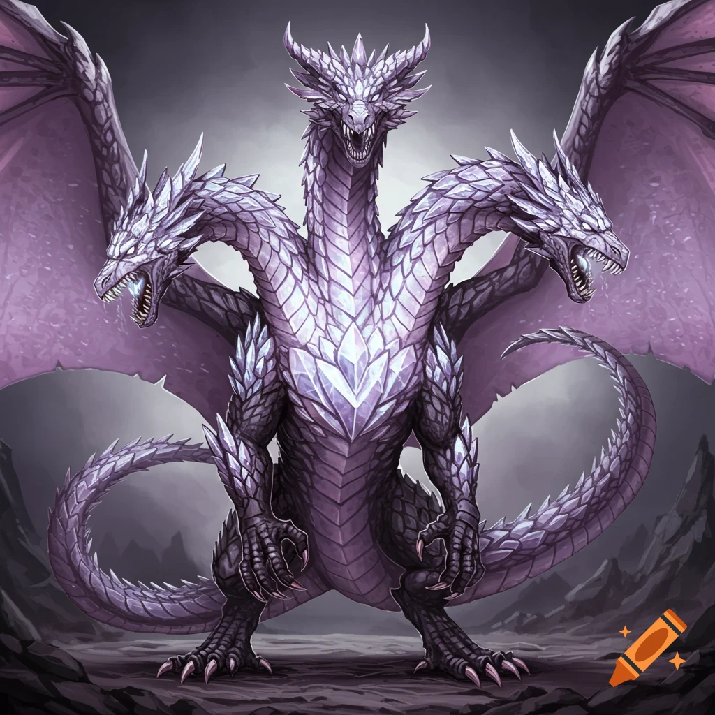 Three-headed purple diamond and obsidian dragon standing in a rocky landscape.