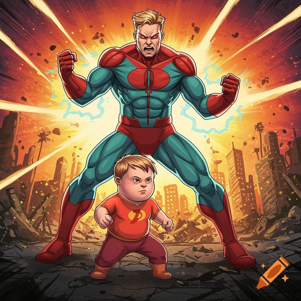 A large superhero and a small boy superhero stand defiantly in a destroyed city with energy blasts, comic art style.