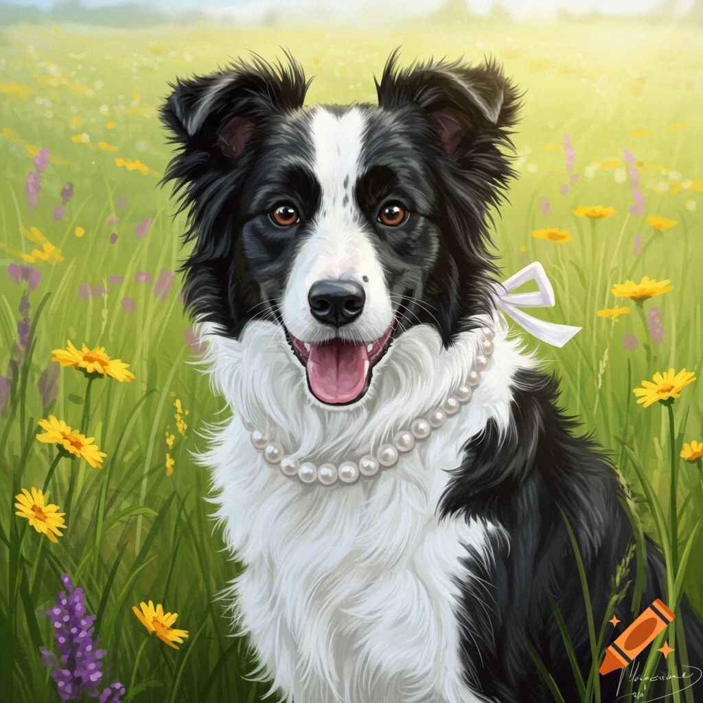 A Border Collie dog wearing pearls and a bow in a field of flowers.