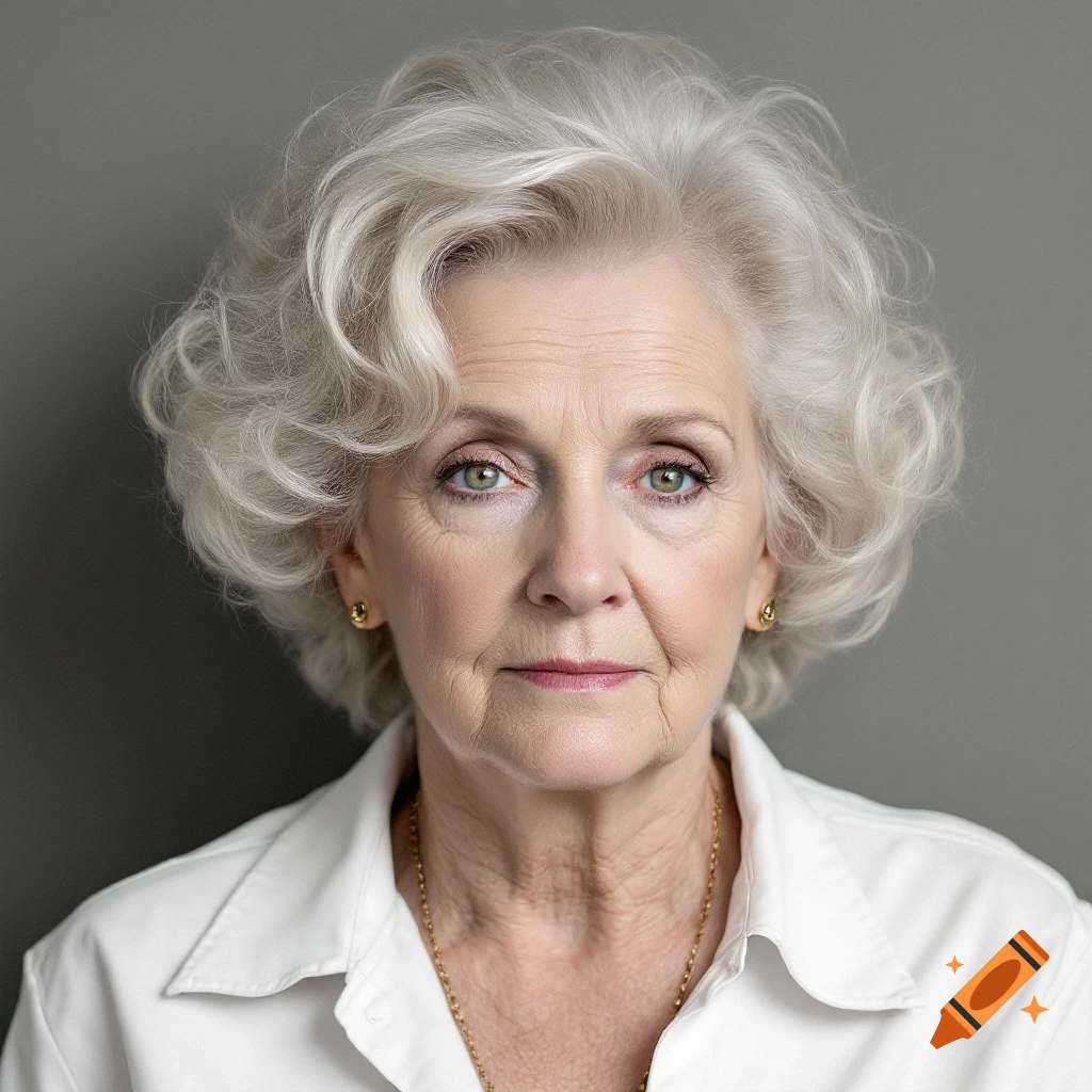 Close-up portrait of an older woman with white hair and a white shirt against a grey background.