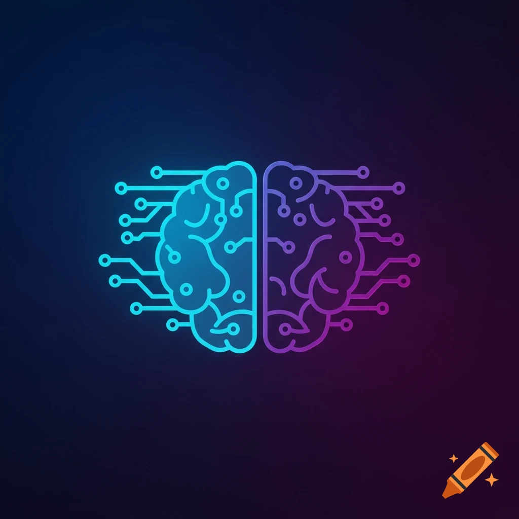 Stylized blue and purple brain with circuit connections, AI logo