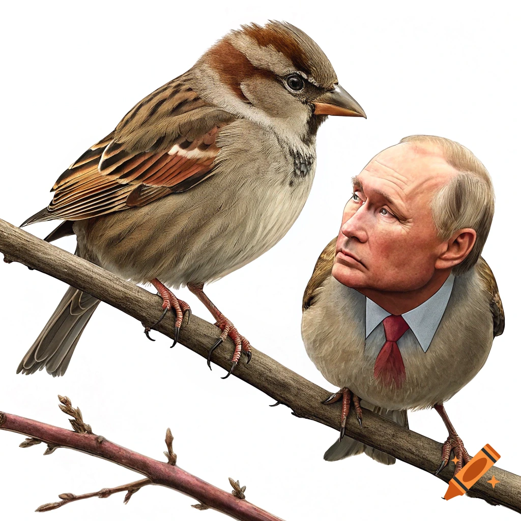 Two birds on a branch, one a sparrow, the other a sparrow body with Vladimir Putin's face wearing a shirt and tie.