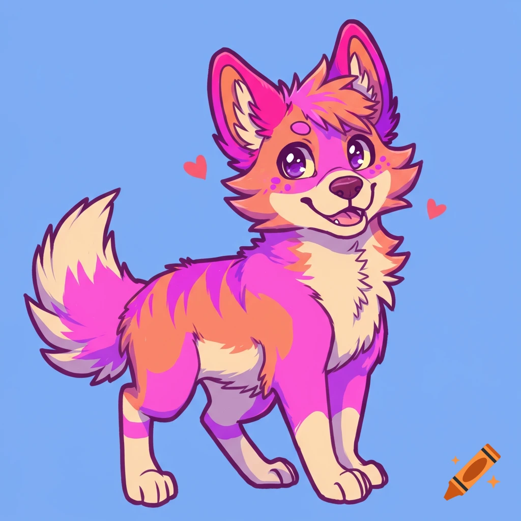 Cartoon dog fursona with pink and orange fur and hearts