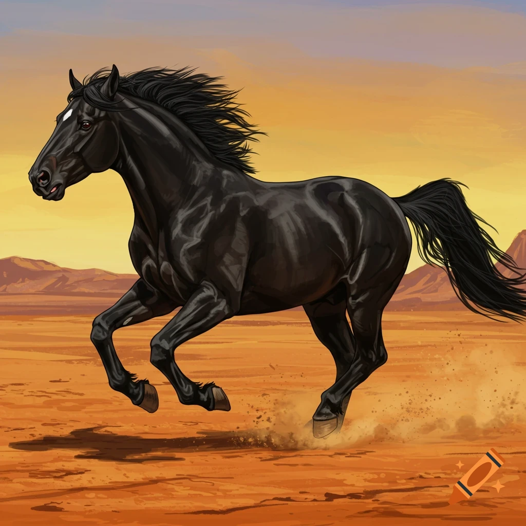 A black horse gallops across a desert landscape under an orange and blue sky.