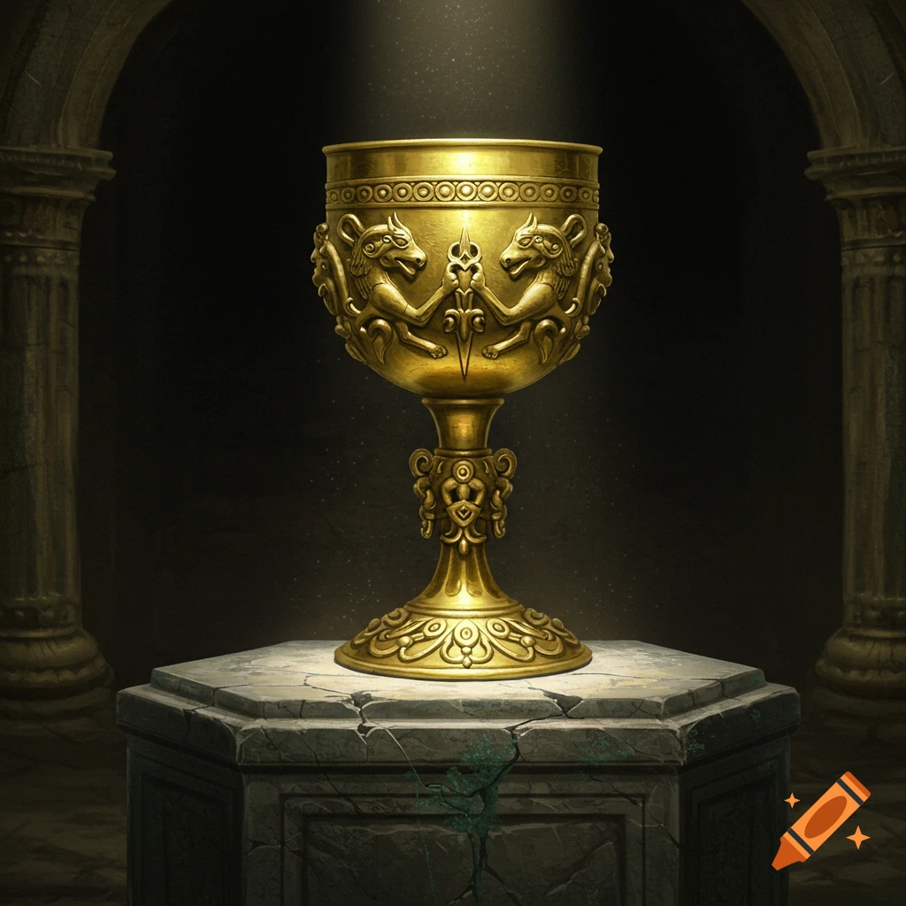 A golden chalice decorated with animal figures sits on a stone pedestal in a dark room with pillars.