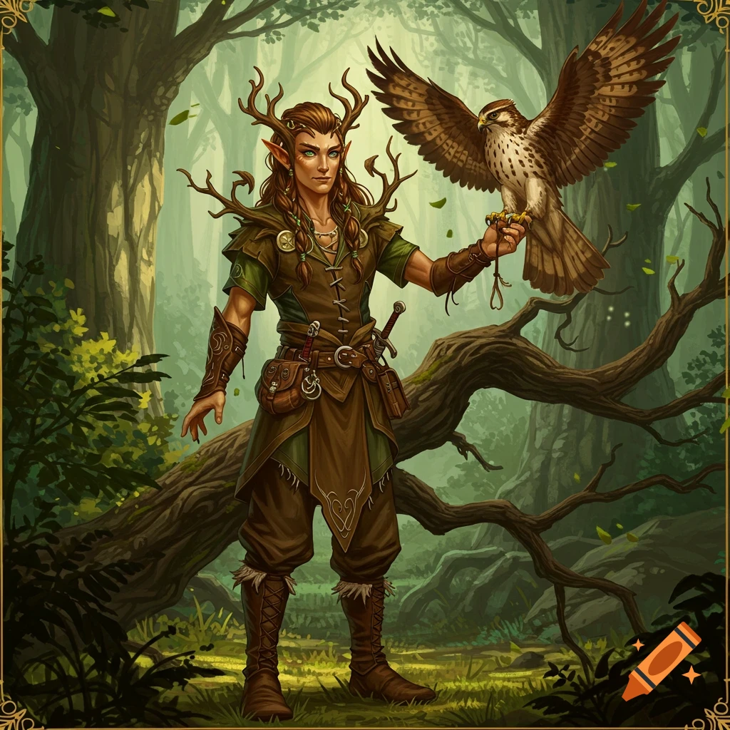 A wood elf druid with antlers holding a hawk in a forest.