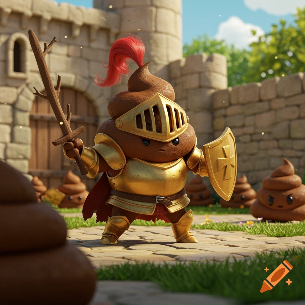 Cartoon poop character in golden knight armor holding sword and shield in a castle courtyard.
