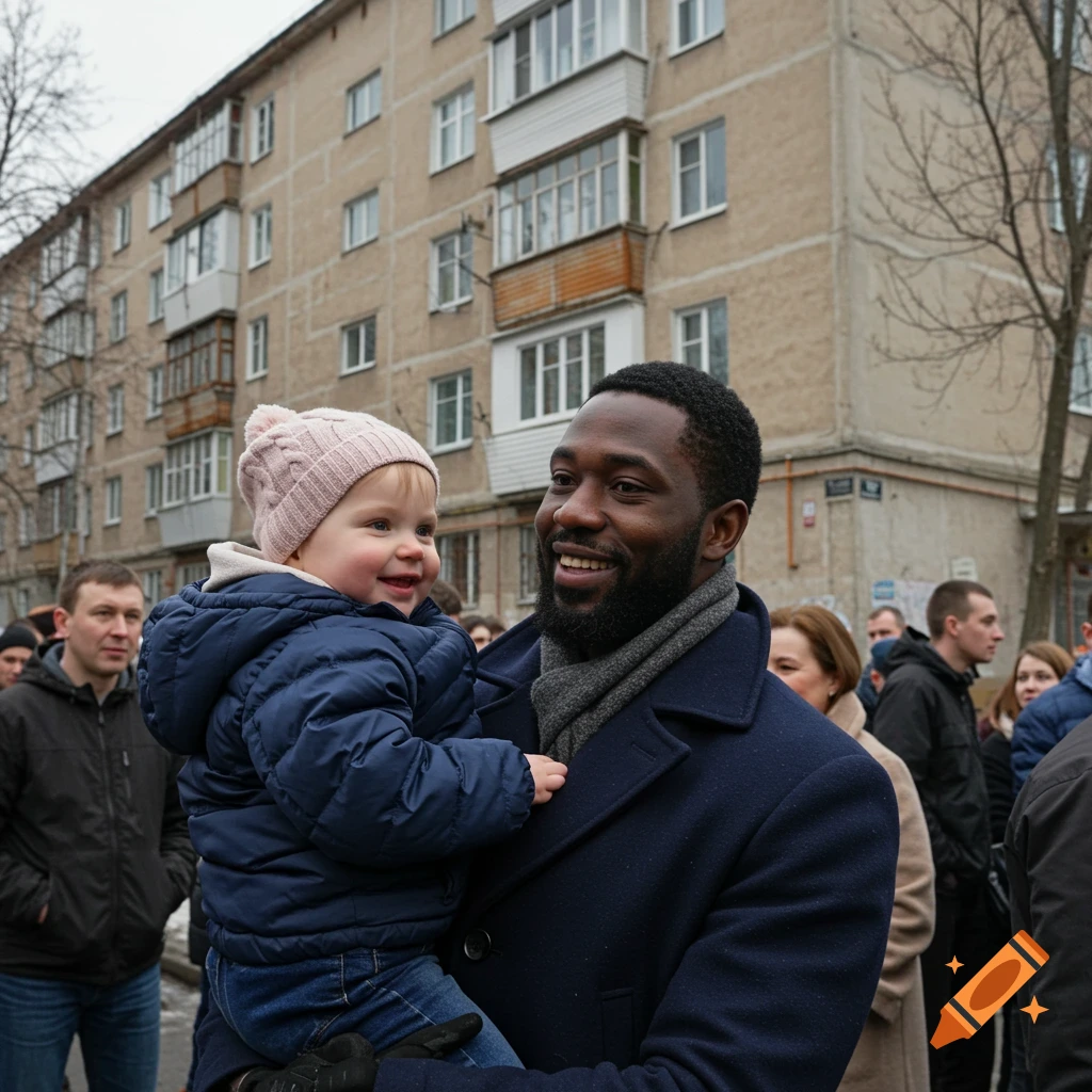 A Black man holding a smiling fair-skinned child in a bustling street scene with an apartment building behind them.