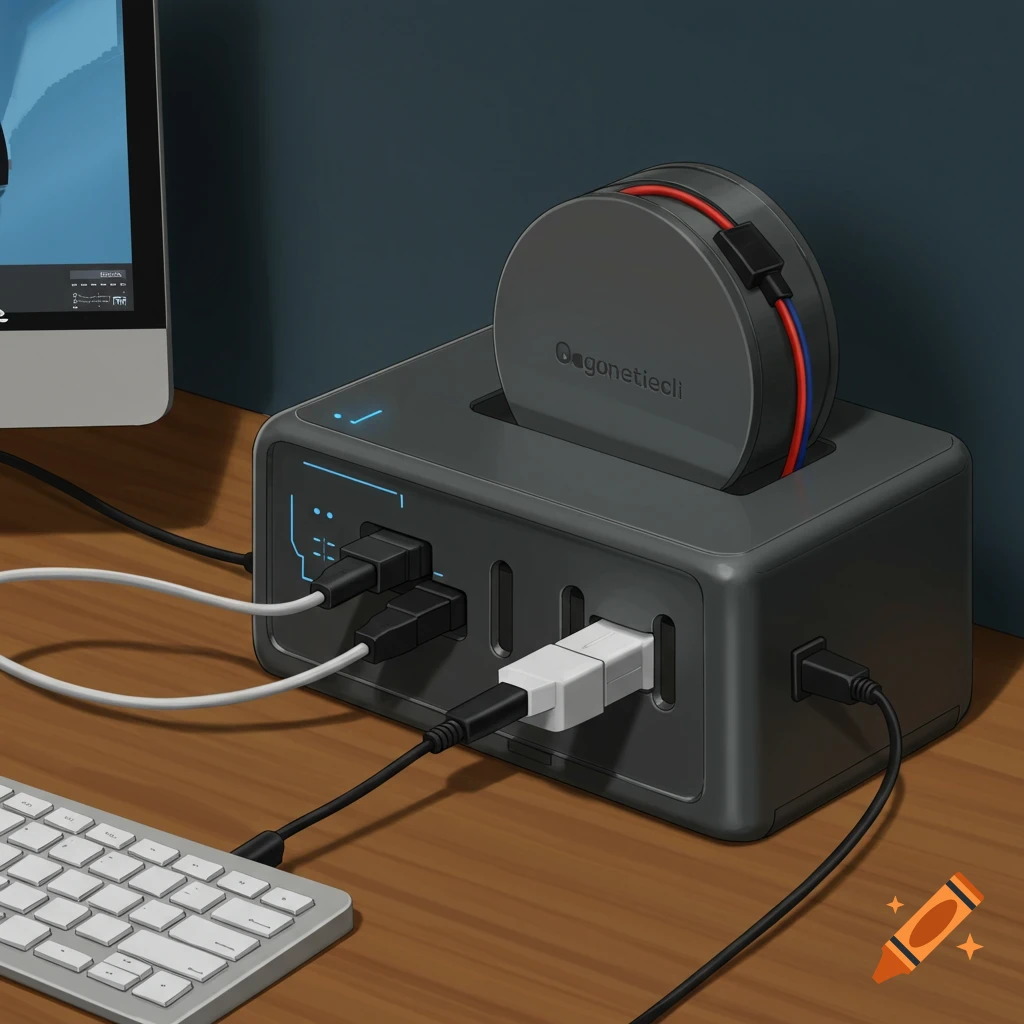 A modern dark grey tech gadget organizes cords on a desk with a computer and keyboard.