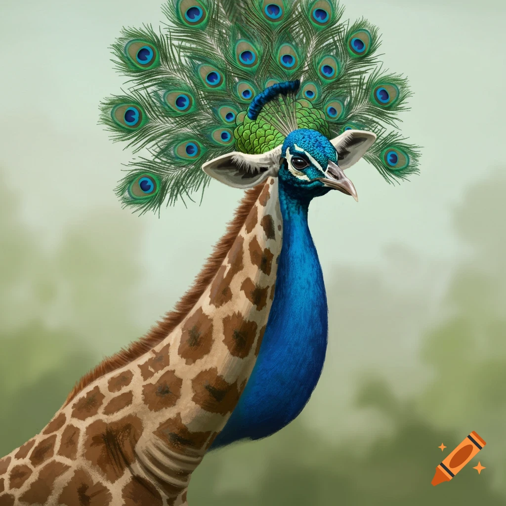 A giraffe and peacock hybrid creature with a fanned tail and detailed feathers.