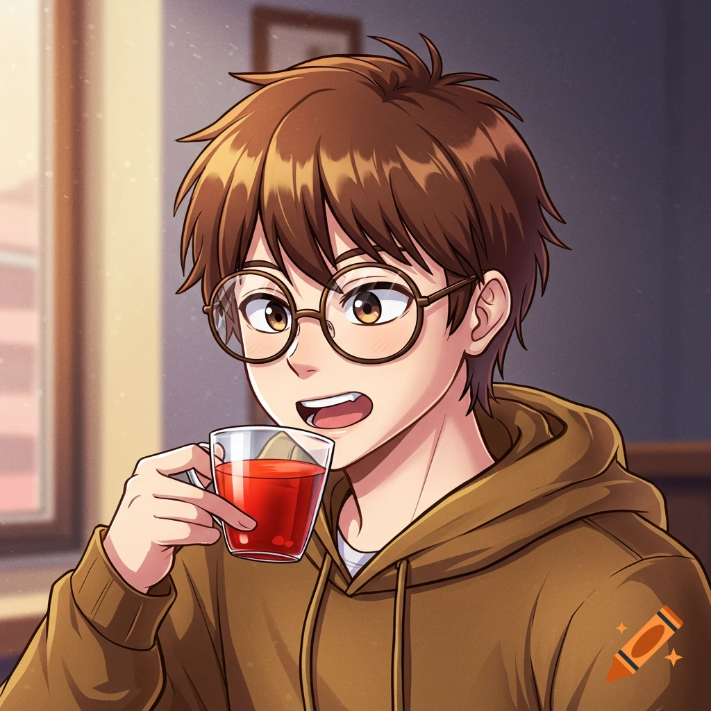 Anime portrait of a person with glasses drinking tea.