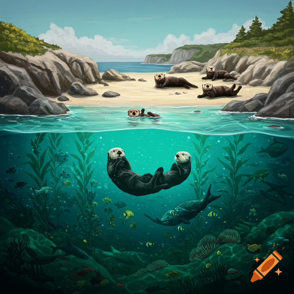 Split view: otters on beach and underwater with fish and kelp.