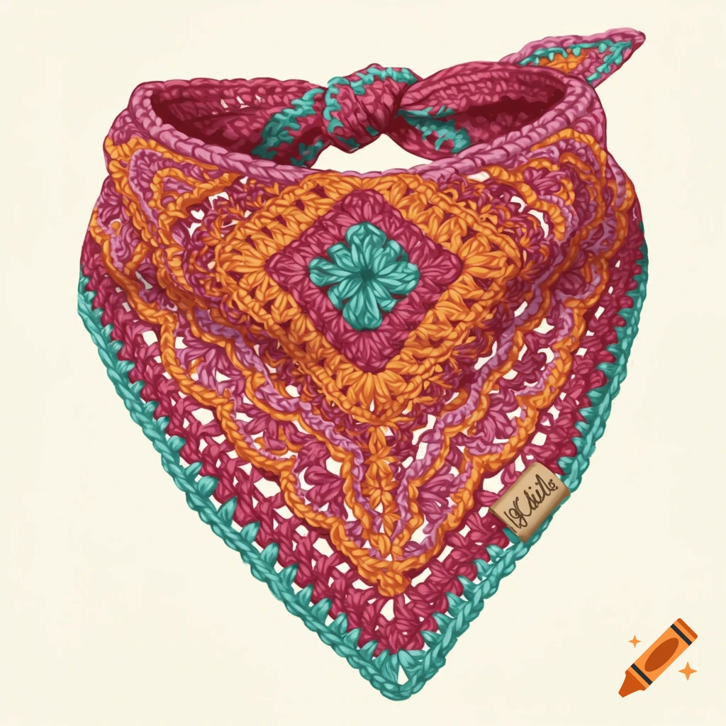 A vibrant picture of a crocheted bandana in pink, orange, and teal.