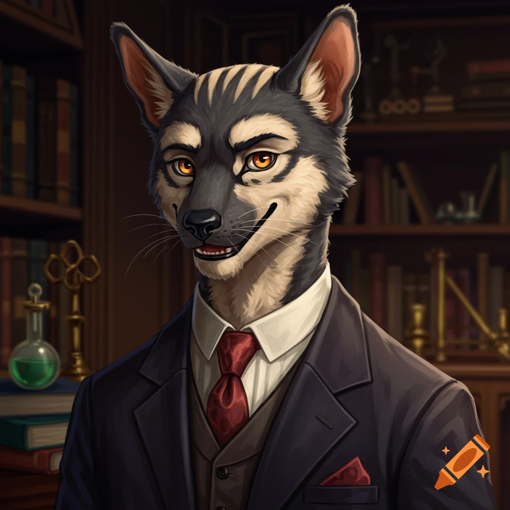 Anthropomorphic thylacine in a suit in library.