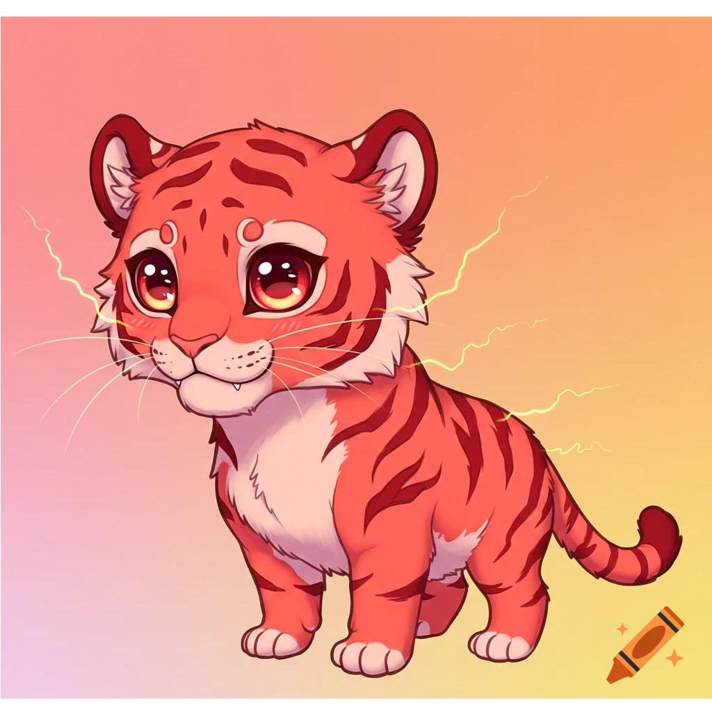 A cute cartoon tiger cub with large eyes and lightning effects.