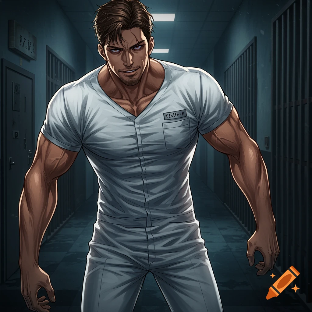 Anime illustration of a muscular man in white uniform in a prison corridor.