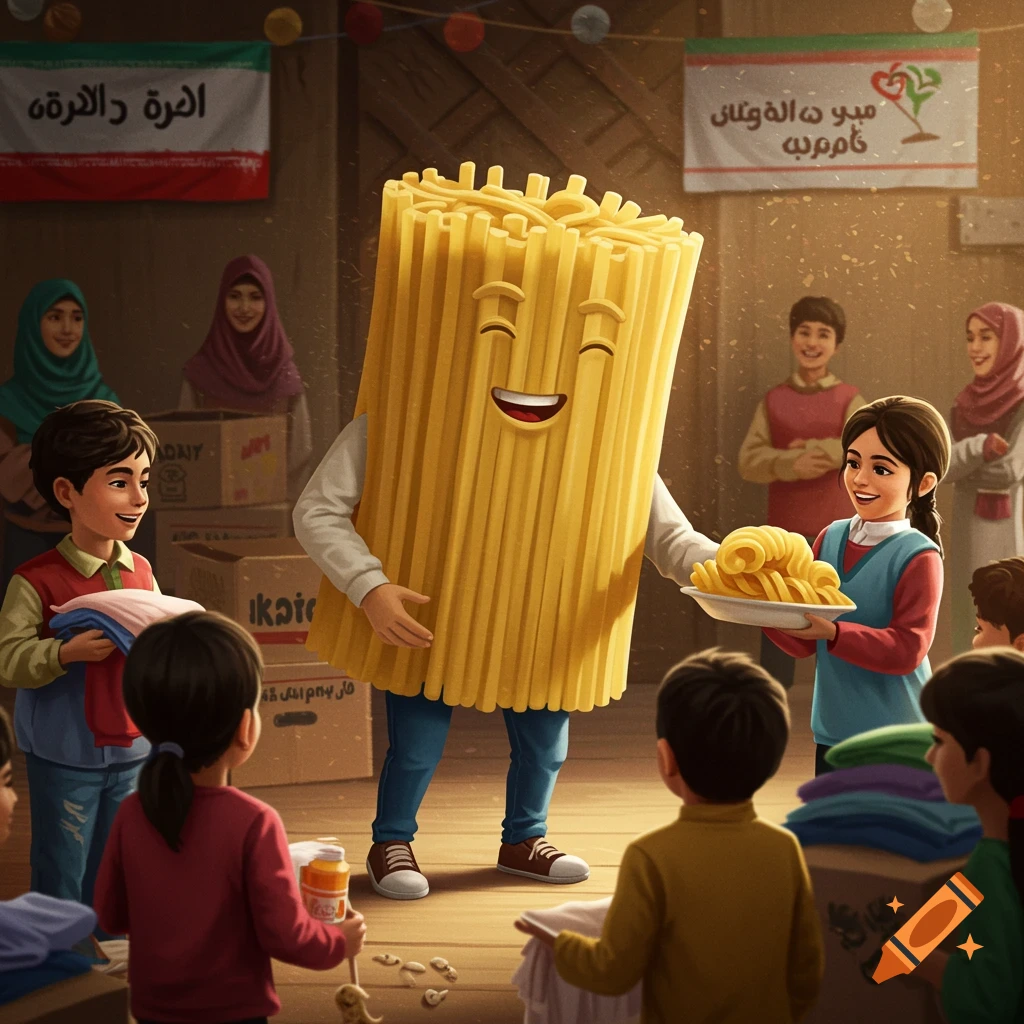 A person in a pasta costume gives food to children at a charity event.
