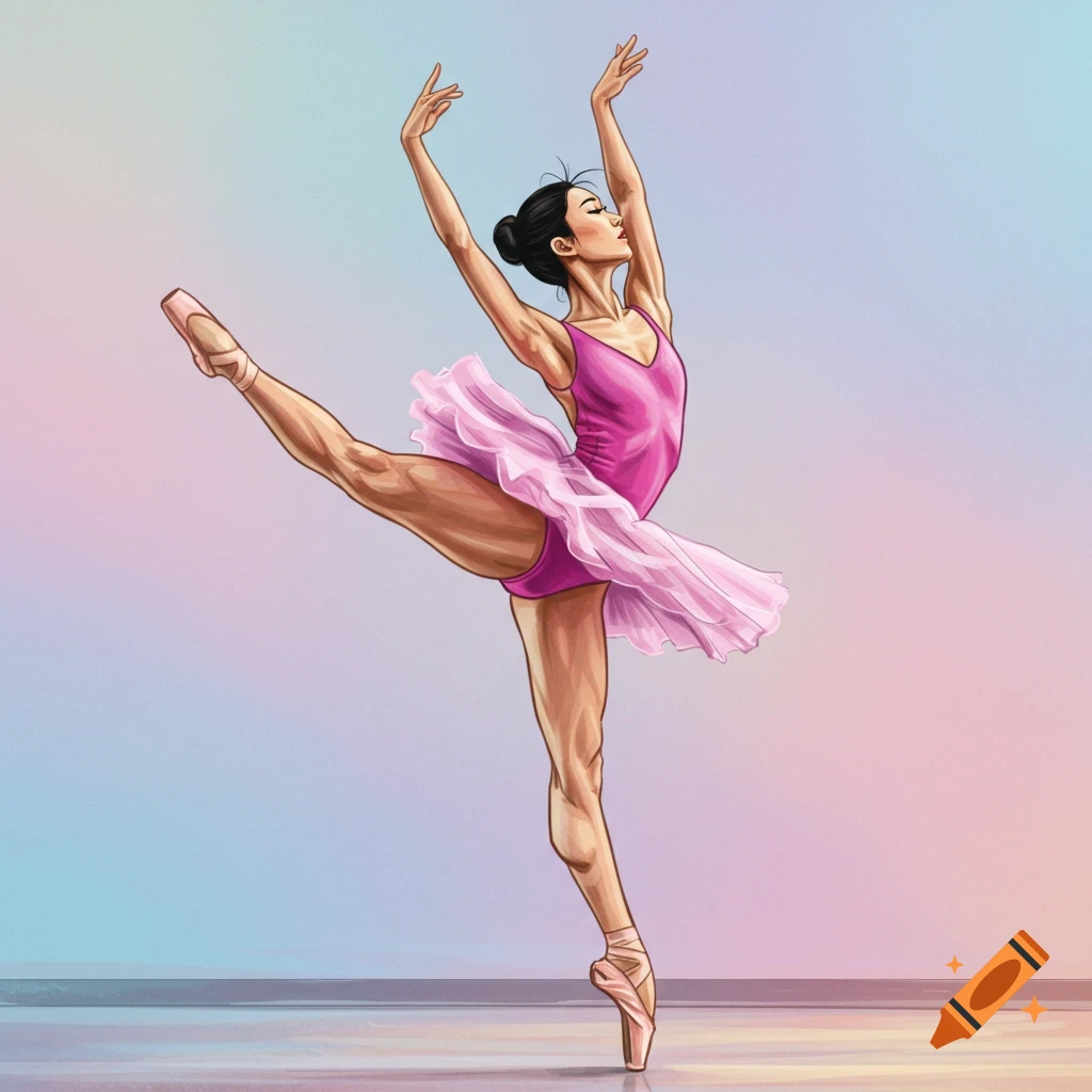 A ballerina in a pink tutu performing an arabesque.