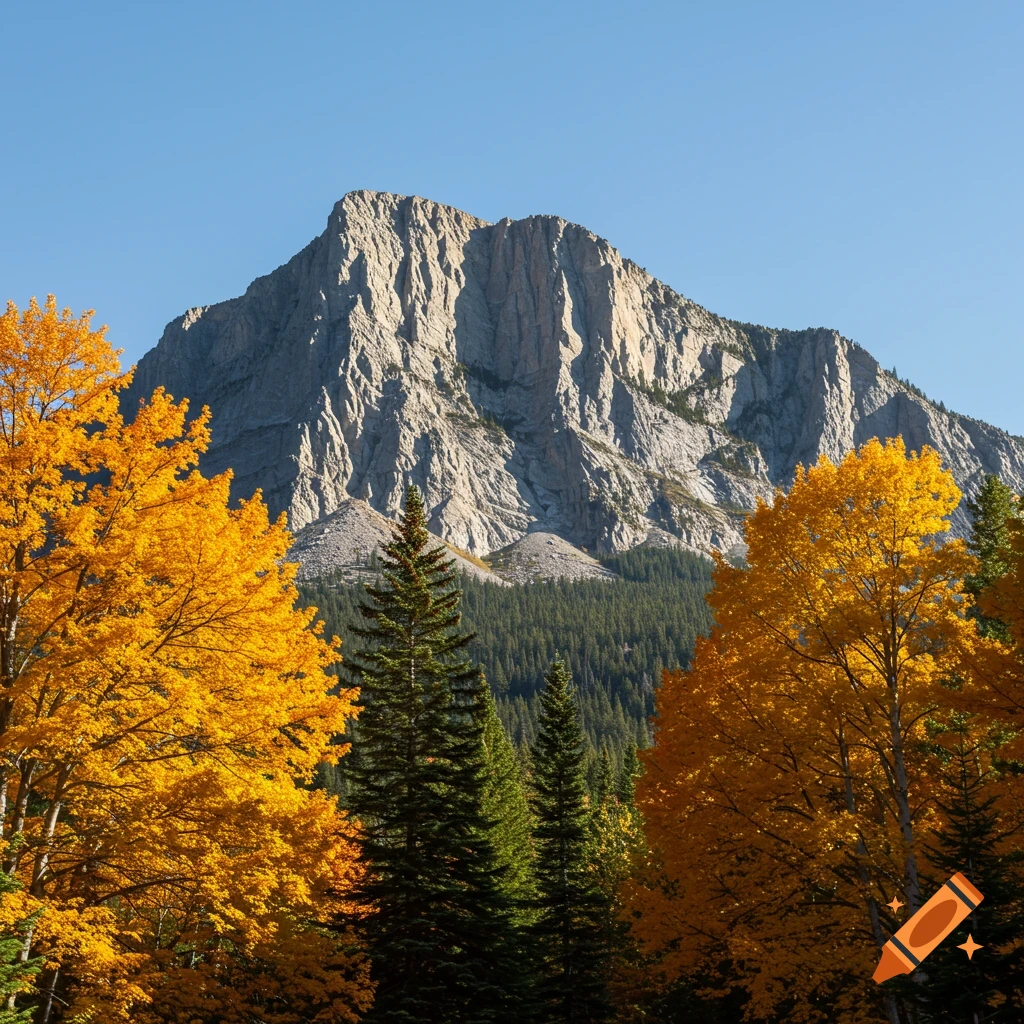 A rugged mountain peak is framed by pine and golden yellow autumn trees under a clear blue sky.