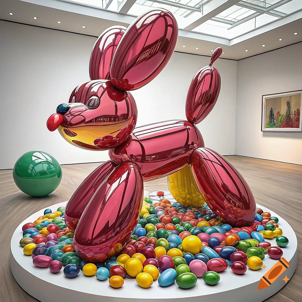 Metallic pink balloon dog sculpture on colorful candies in an art gallery