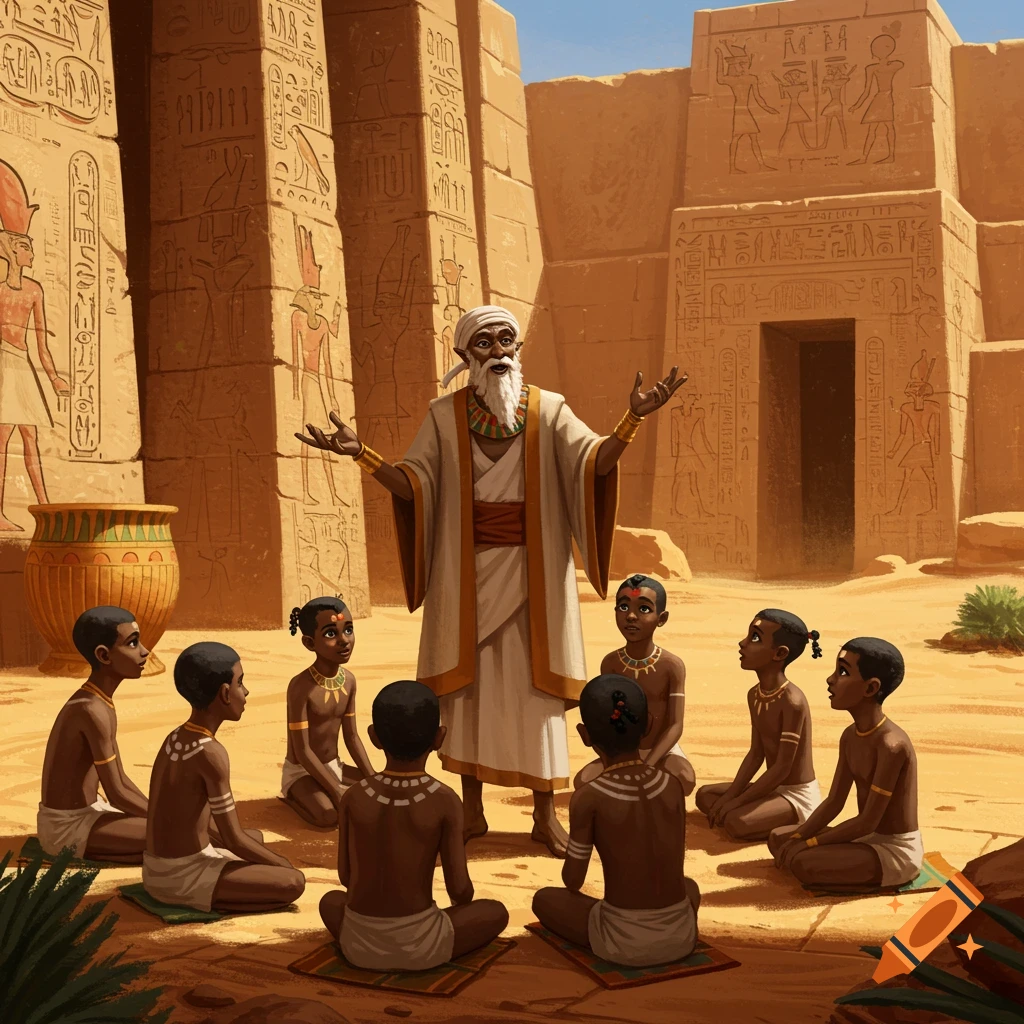 An older man in robes teaches a group of children sitting on mats in a courtyard surrounded by ancient Egyptian structures with carvings.
