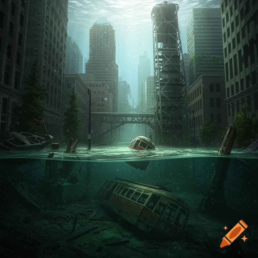 Submerged post-apocalyptic city with buildings and a streetcar seen above and below the water line.