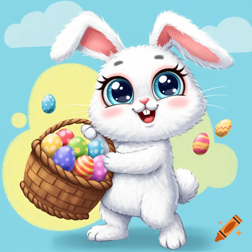 A cute cartoon Easter bunny holds a large basket filled with colorful patterned eggs on a blue and yellow background.