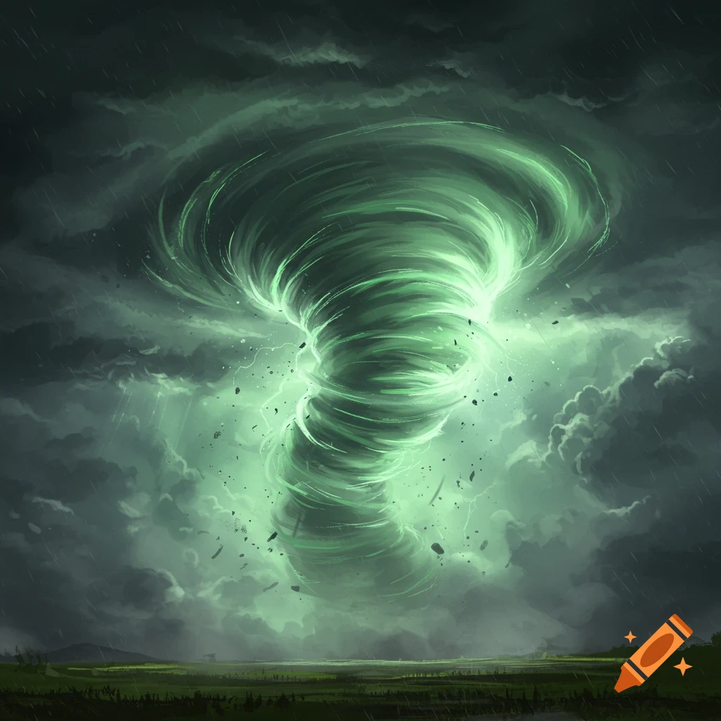 A dramatic image of a glowing green tornado in a stormy sky.