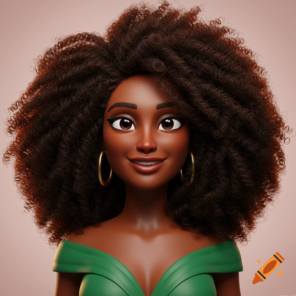 3D anime style portrait of a Black woman with curly afro hair wearing a green dress and gold earrings