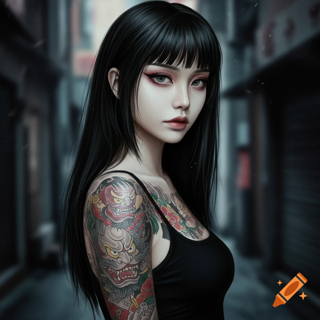 A woman with long black hair, bangs, and large tattoos on her arm and chest, standing in an alley.