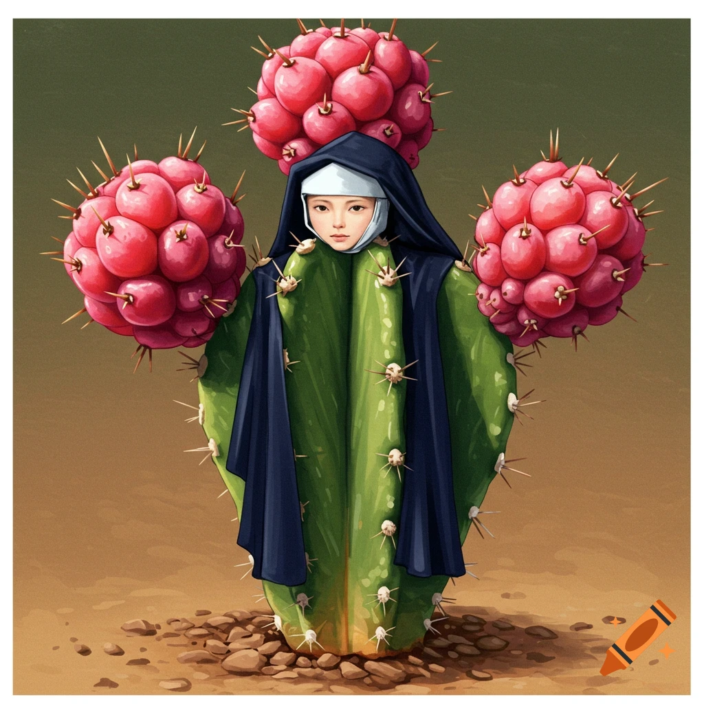 A cactus figure wearing a nun's habit, with large pink thorny fruits.