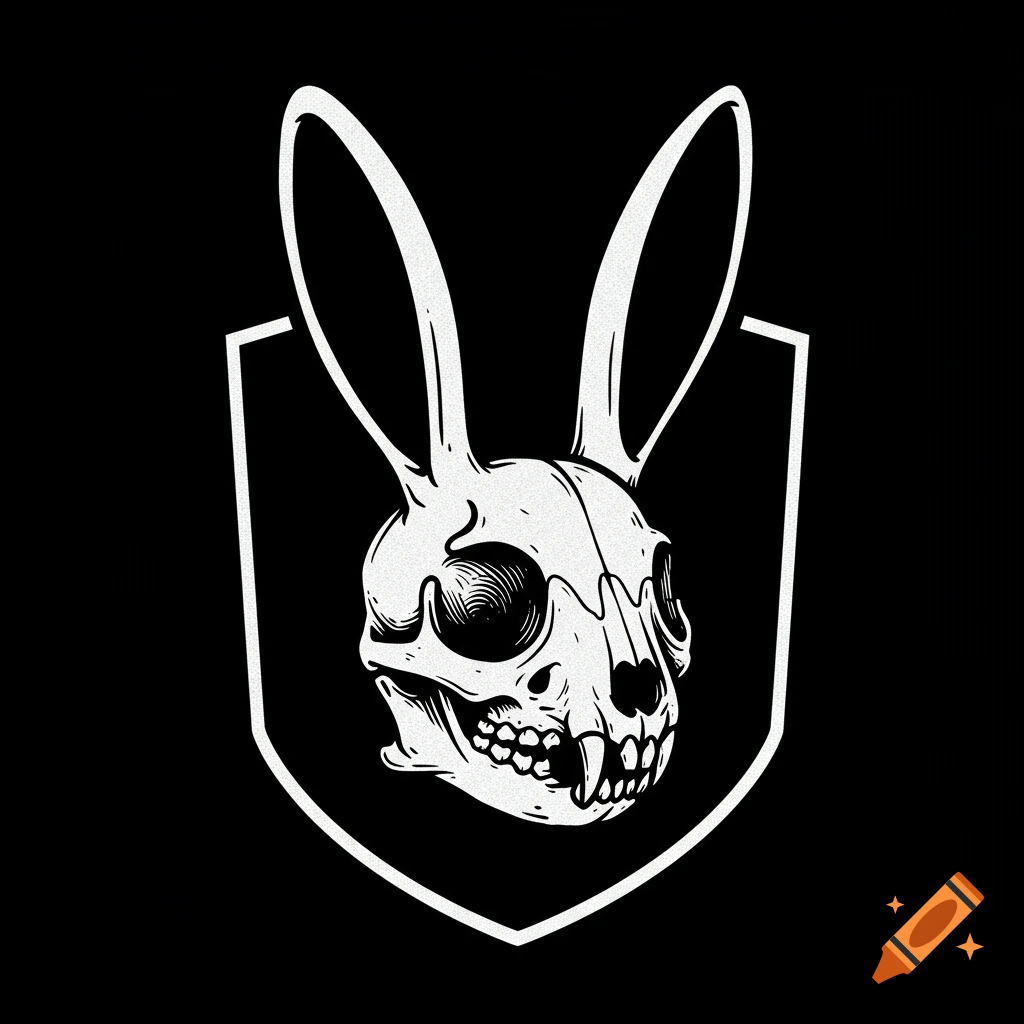A black and white illustration of a stylized rabbit skull emblem.