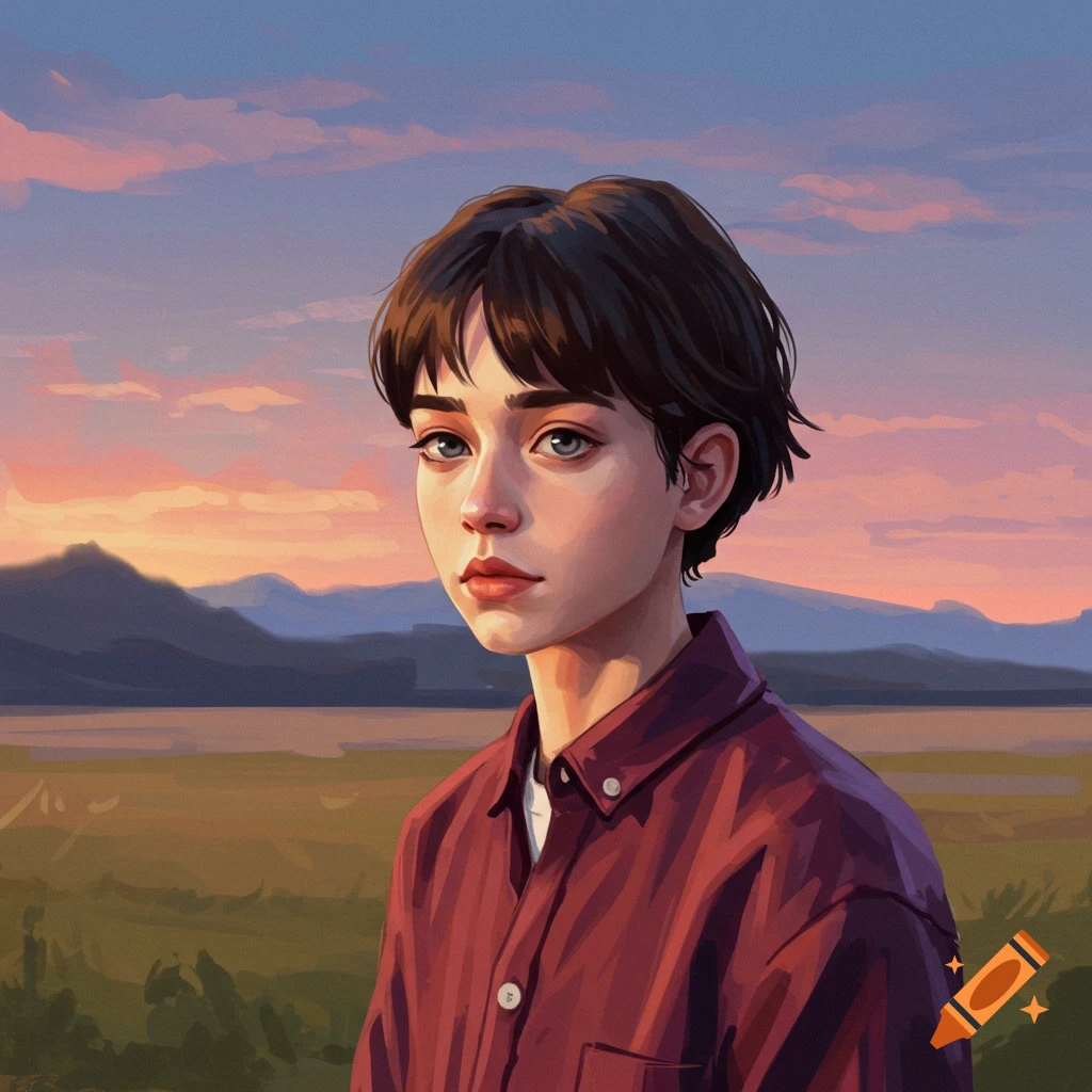 A person with short dark hair in a red shirt stands in a landscape at sunset.