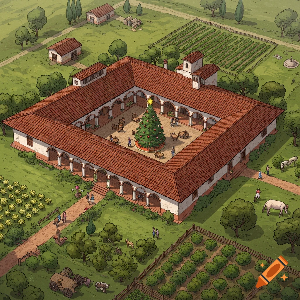 Bird's-eye illustration of a hacienda courtyard with a Christmas tree, surrounded by a farm landscape.
