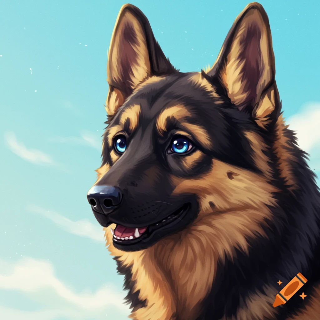Anime style close-up portrait of a German shepherd dog with blue eyes.