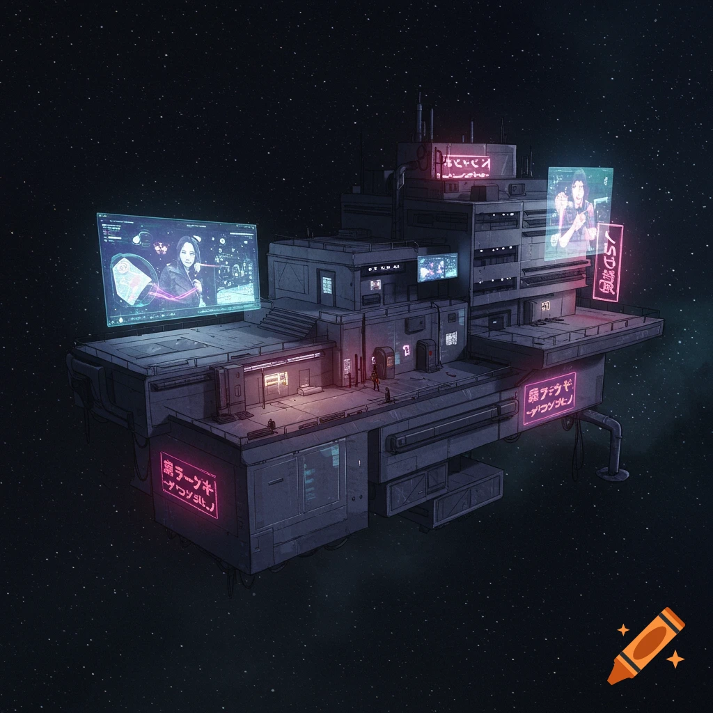 A futuristic building floats in space, adorned with glowing neon signs and screens.