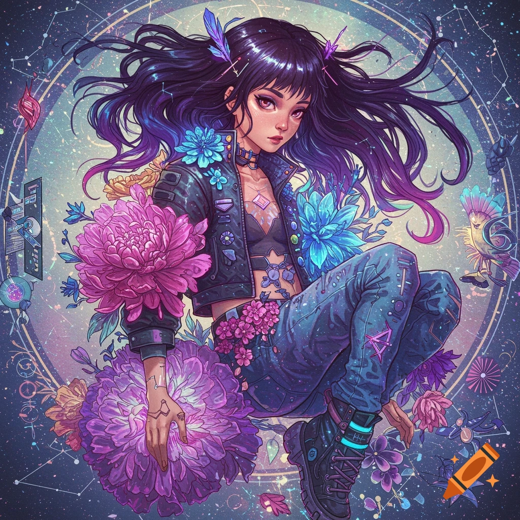 Anime style depiction of a girl with flowers blooming on her, wearing cyberpunk clothes, against a cosmic background.