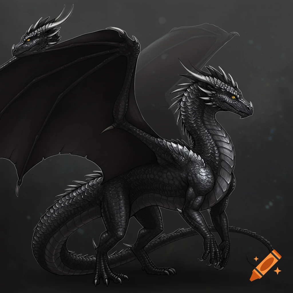 A black dragon with silver scales and golden eyes.