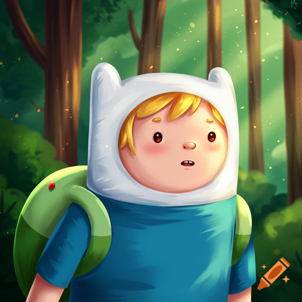 Finn from Adventure Time looking surprised in a sunny forest.