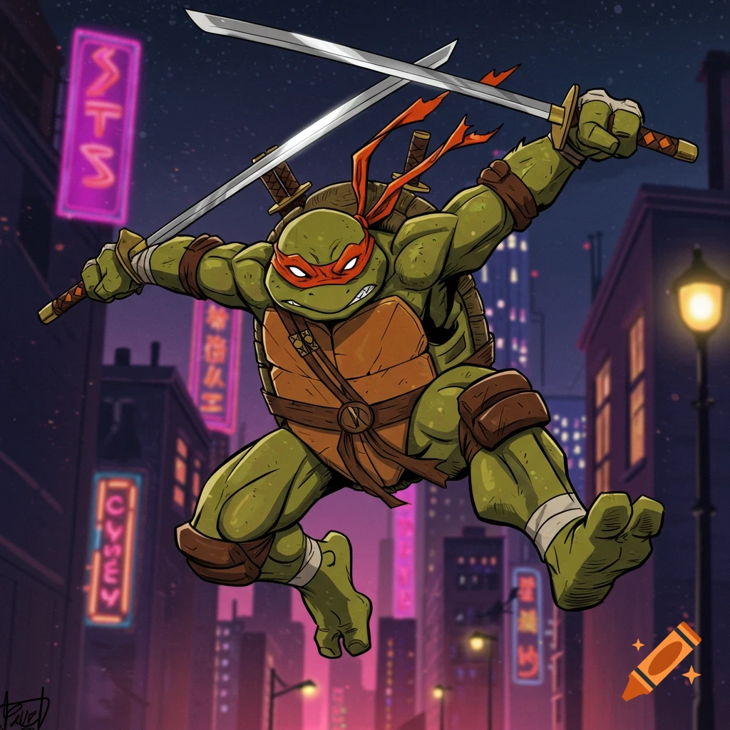 A ninja turtle with diamond teeth and a chain is on a city street at ...
