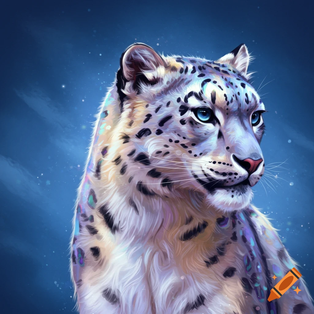A snow leopard with bright blue eyes and colorful fur patches against a dark blue background.