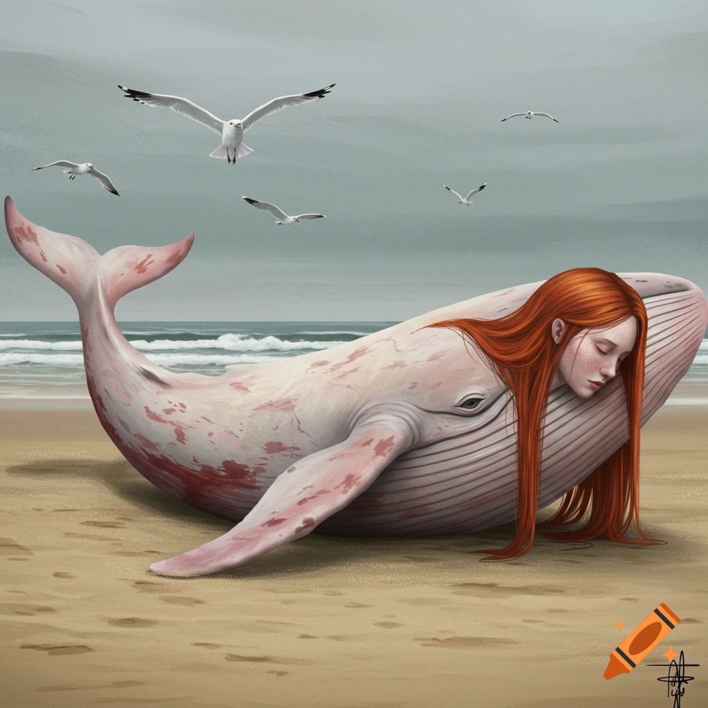 A beached whale with a woman's head and red hair lies on the sand, with seagulls flying.