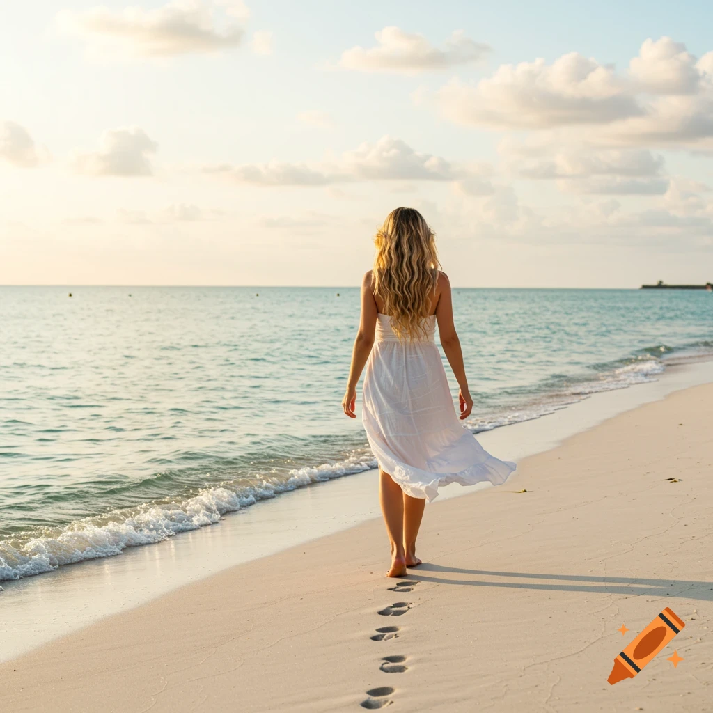 Woman with blonde hair in white dress walking on beach at sunset, leaving footprints.