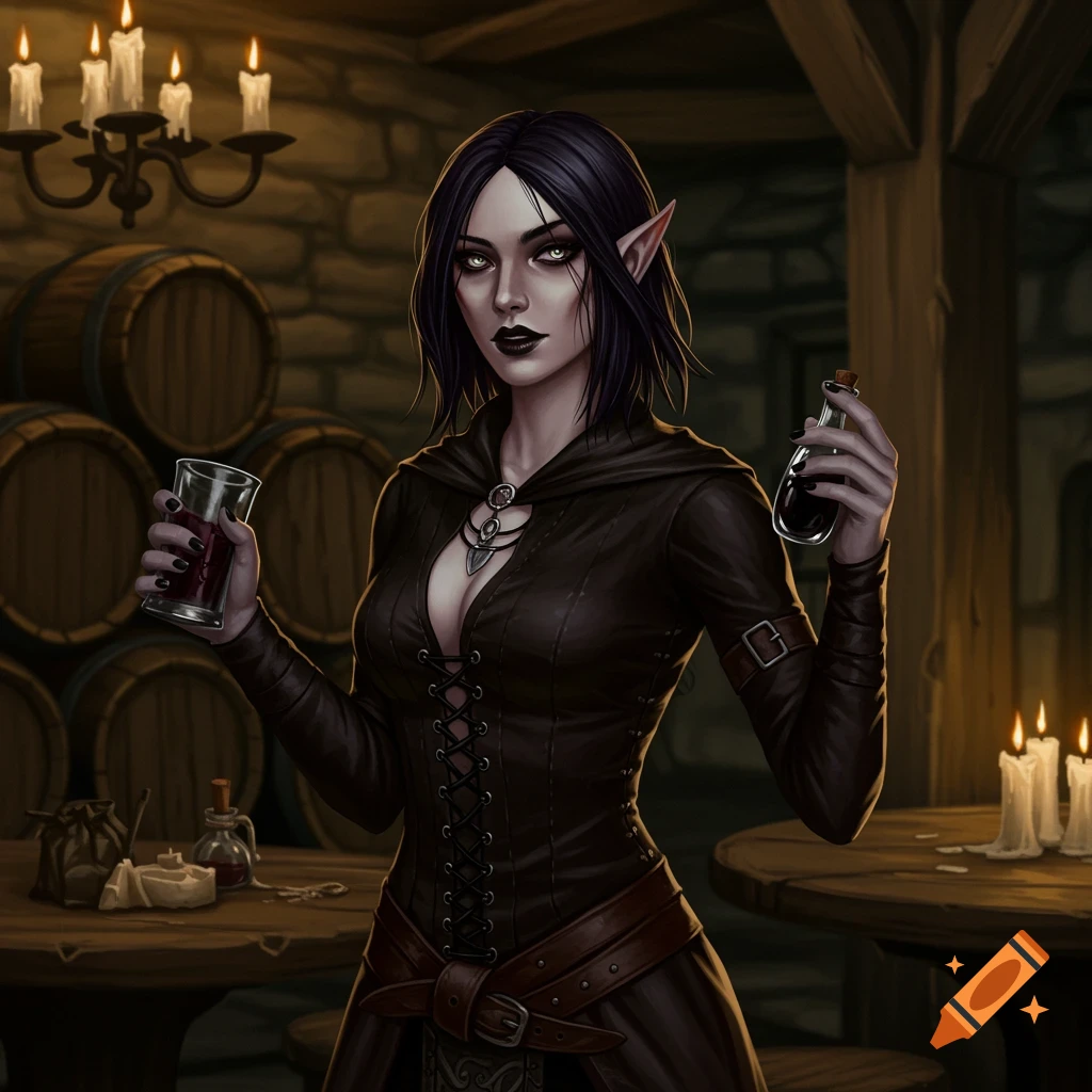 A dark elf woman is holding a glass and vial in a dimly lit tavern.