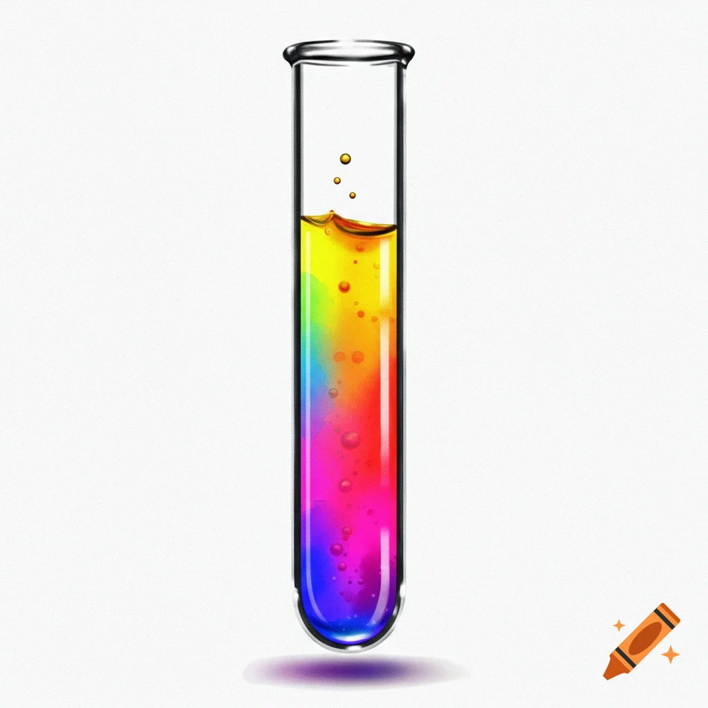 A test tube filled with rainbow-colored liquid and bubbles.