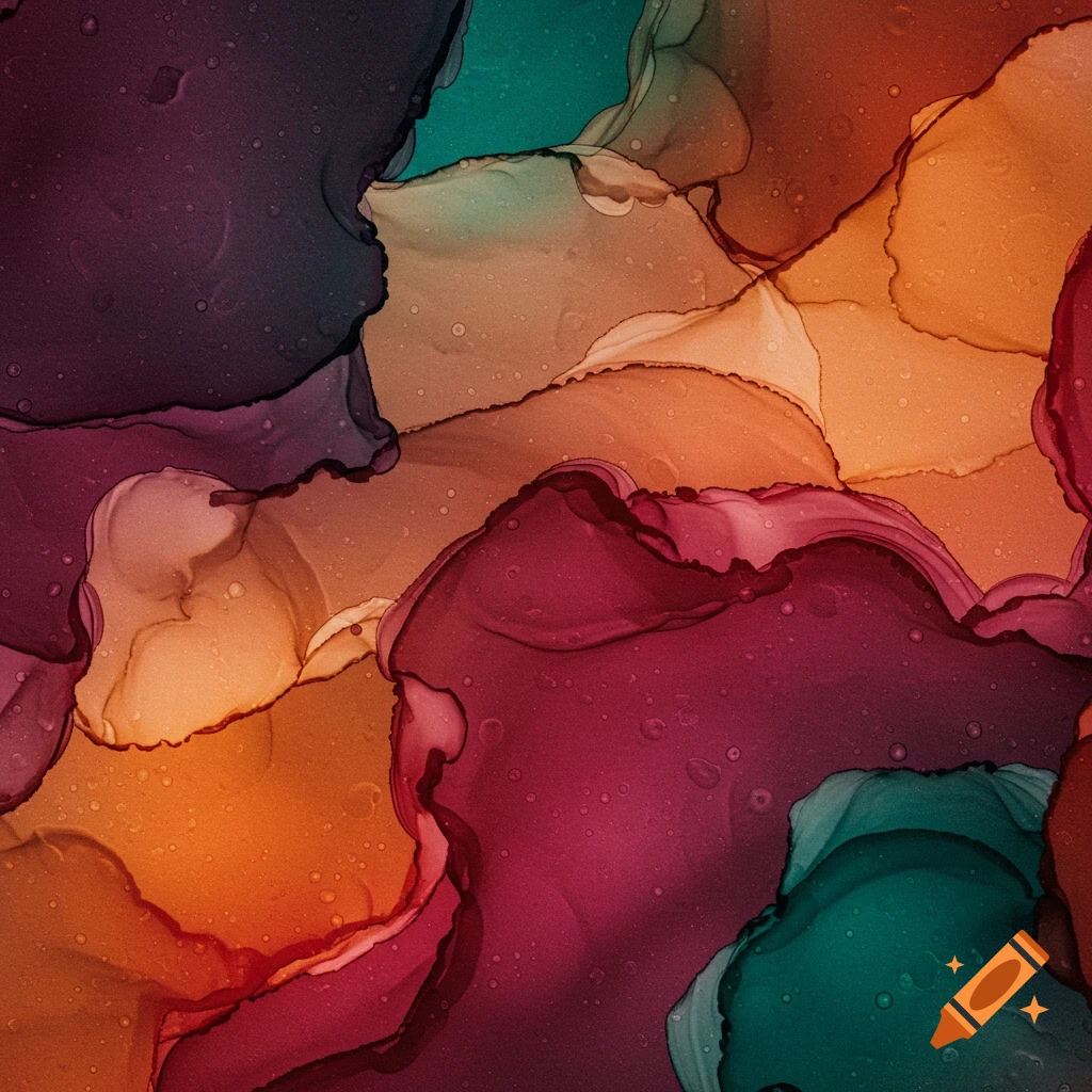 Abstract alcohol ink painting with swirling shapes in dark purple, orange, peach, burgundy, and teal.